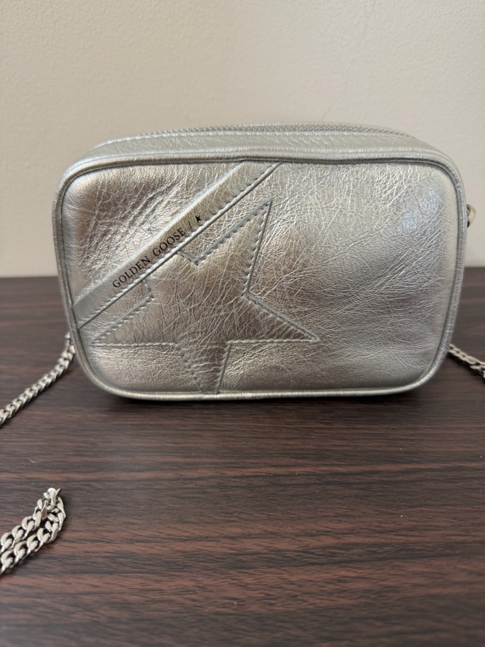 Golden Goose Silver Metallic Leather Star Mini Camera Crossbody Bag Italy